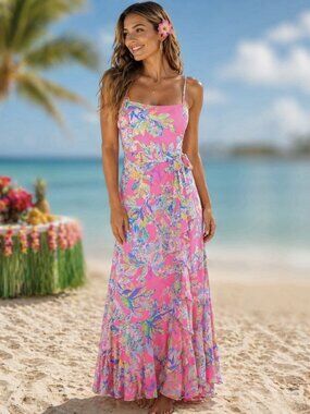 NWT Lilly Pulitzer Anni Maxi Dress Women 00 Faux Wrap Tropical Squeeze The Day